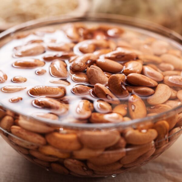 Dried beans soaking in  water to prepare for cooking later.