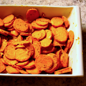 Closeup of sweet potato casserole without marshmallows.