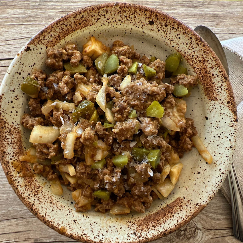 Bowl of loose-meat skillet dinner similar to Maid-Rite without bread.