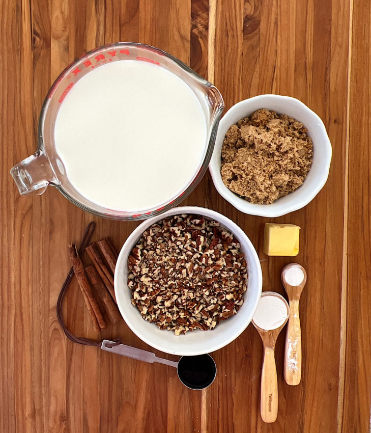 Ingredients for Columbian natilla: milk, sugar, butter, cornstarch, baking soda, chopped nuts, vanilla.