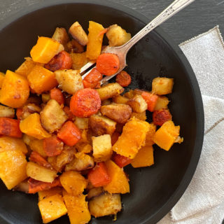 Root vegetable ragout of squash, parsnips, and carrots.