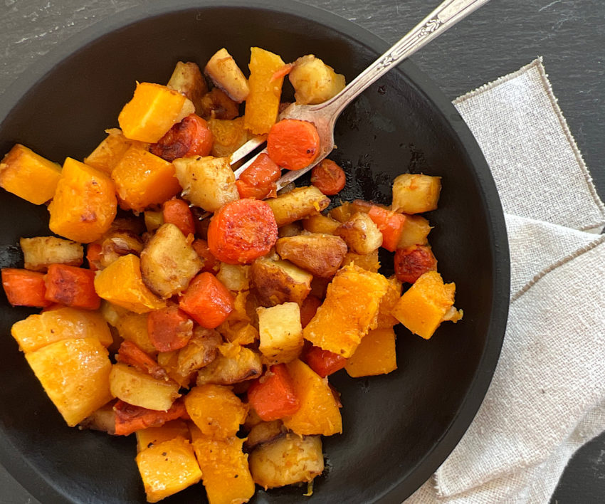 Root vegetable ragout of squash, parsnips, and carrots.