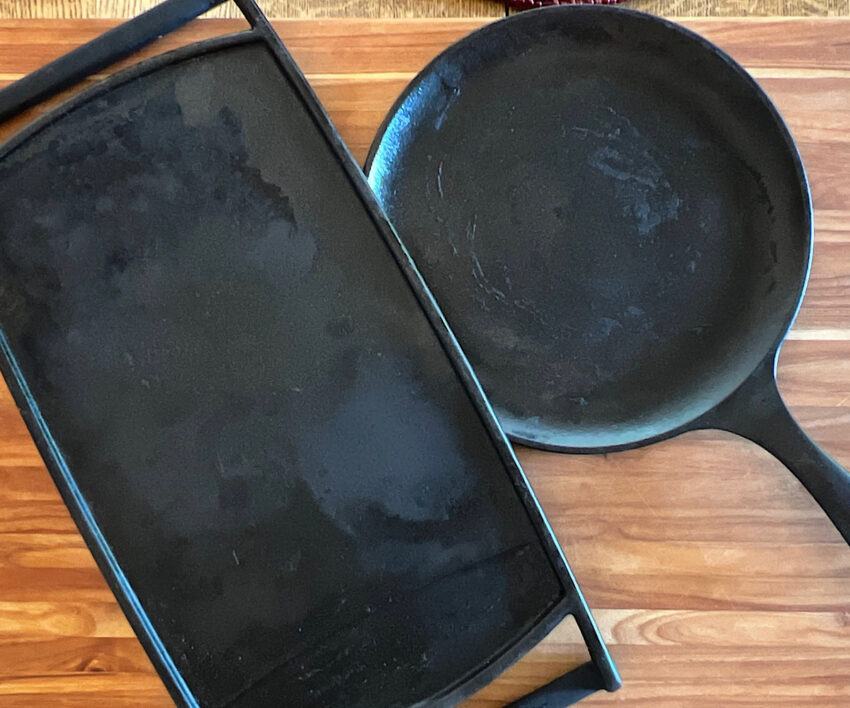 A retangular griddle and a round comal used for making tortillas.