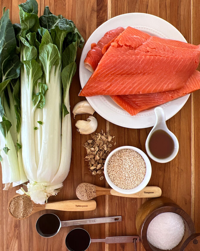 Ingredients for a sesame crusted salmon with a side of bok choy.