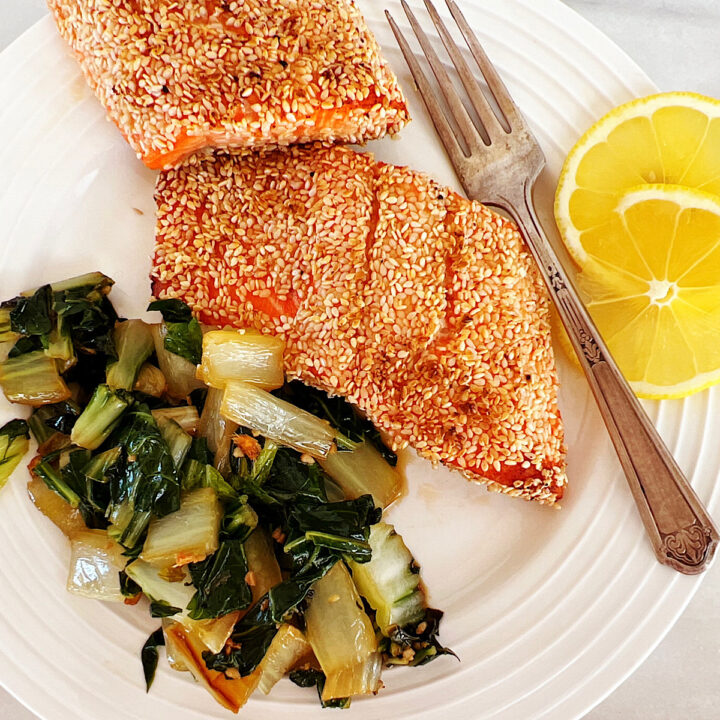 Sesame crusted salmon Dinner with Side of Bok Choy
