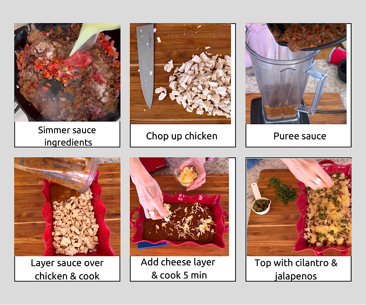 6-step process photos for making chicken enchilada casserole