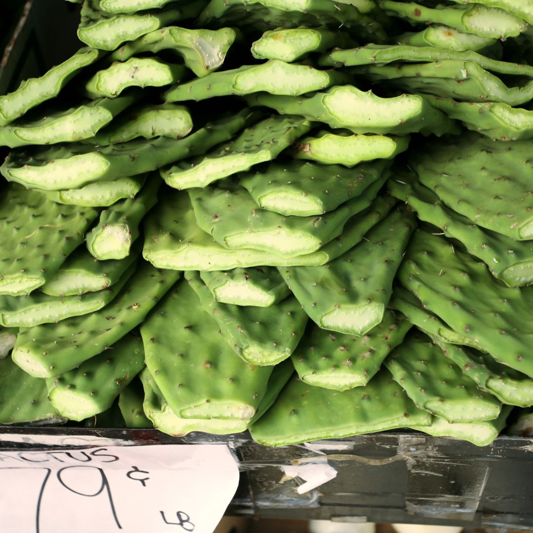 Cactus paddles for sale at a farmers’ market for 79 cents each.