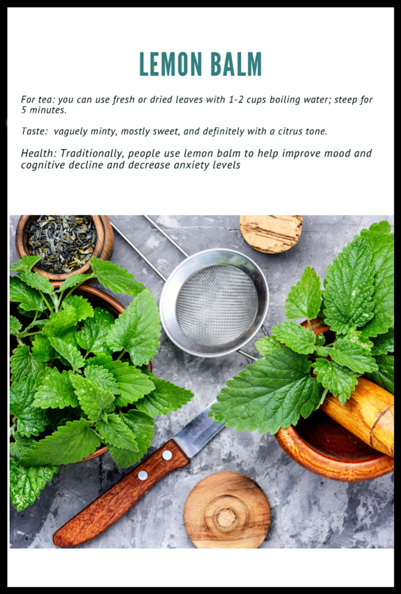 Lemon balm leaves and strainer for herbal tea.