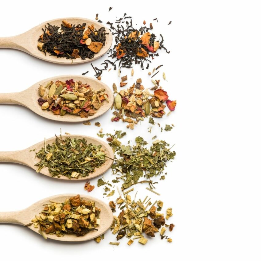Variety of herbs and spices to use in tea blends.