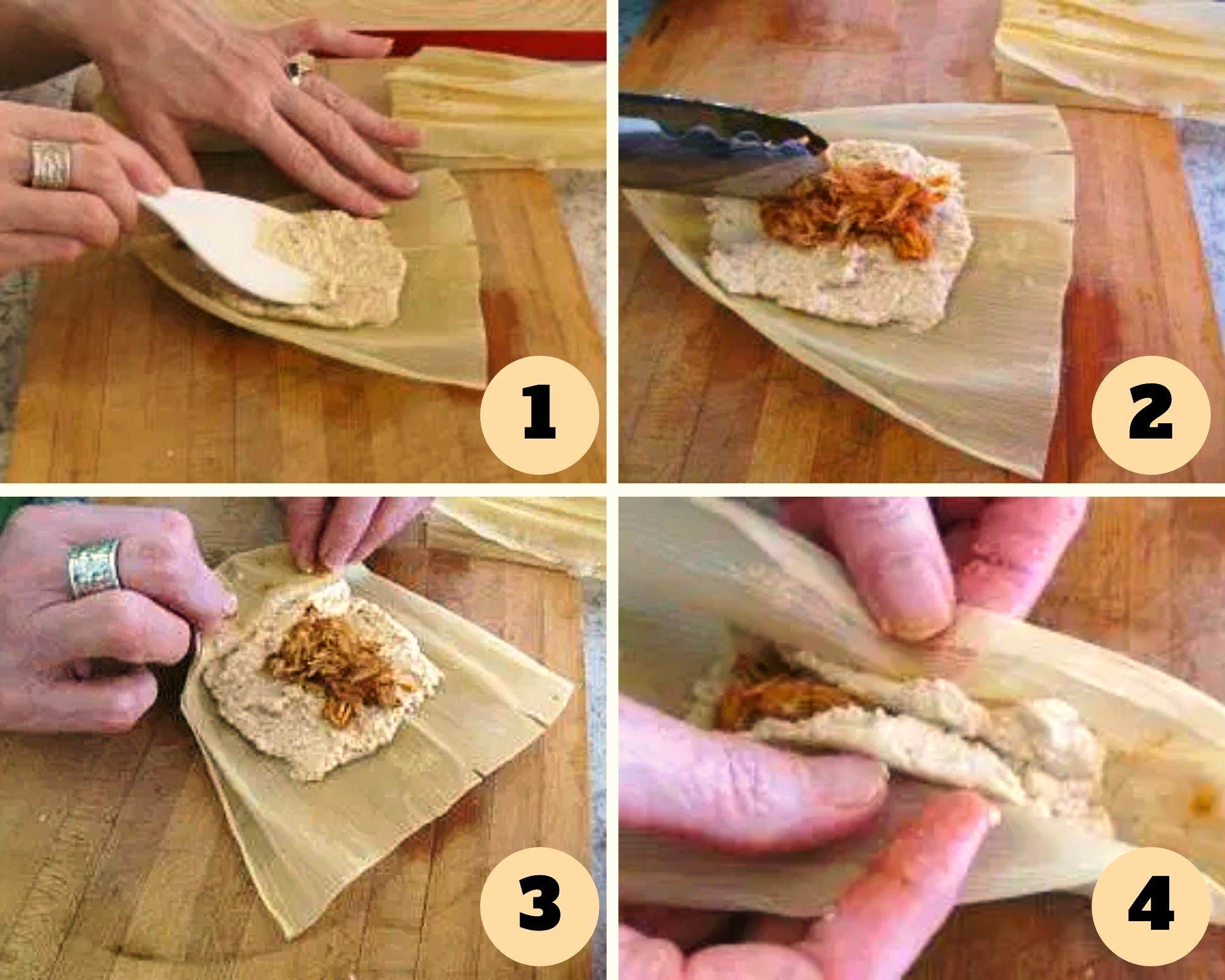 First 4 steps in tamales assembly.