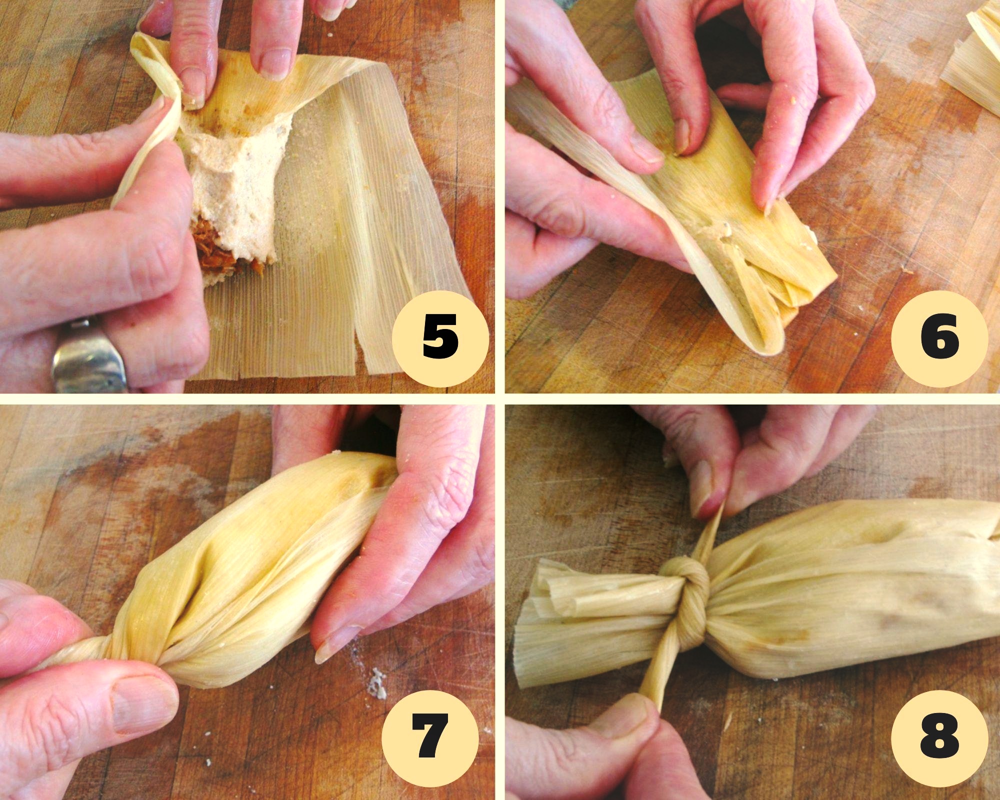 collage of steps 4 through 8 of tamale assembly.