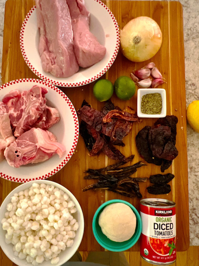 Ingredients for traditional pozole rojo.