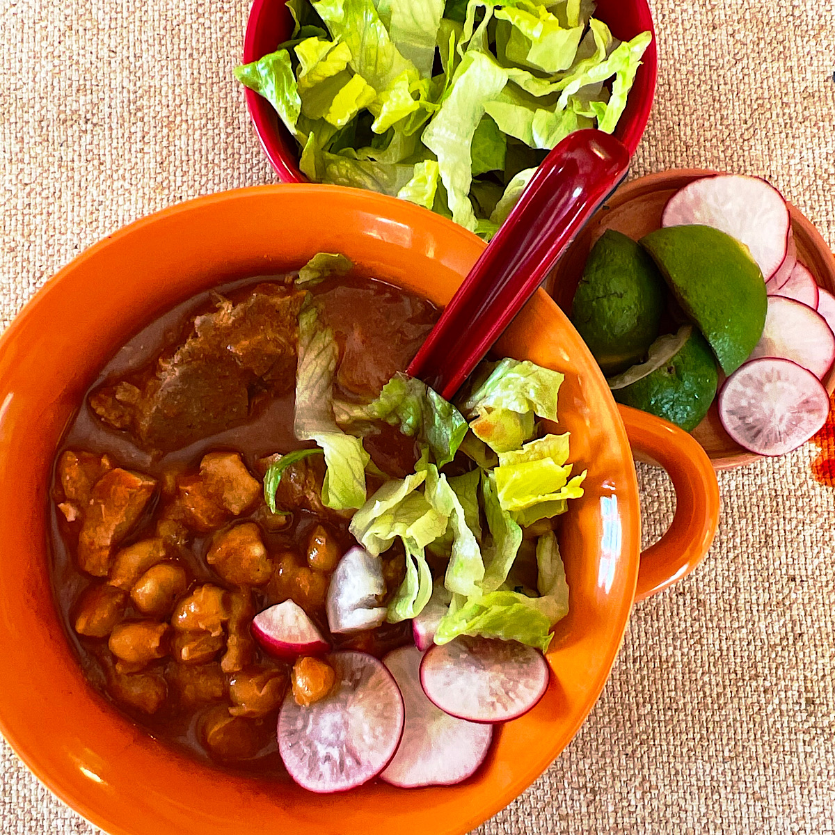 Mexican pork pozole with hominy.