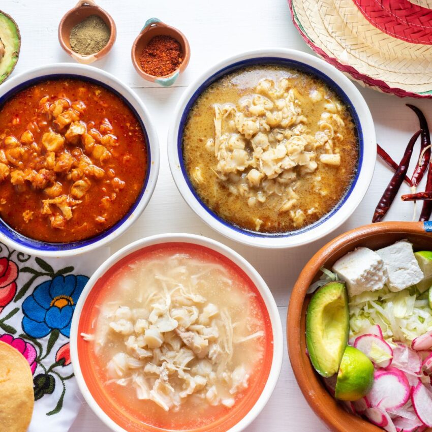 3 different pozole bowls: rojo, verde and blanco.