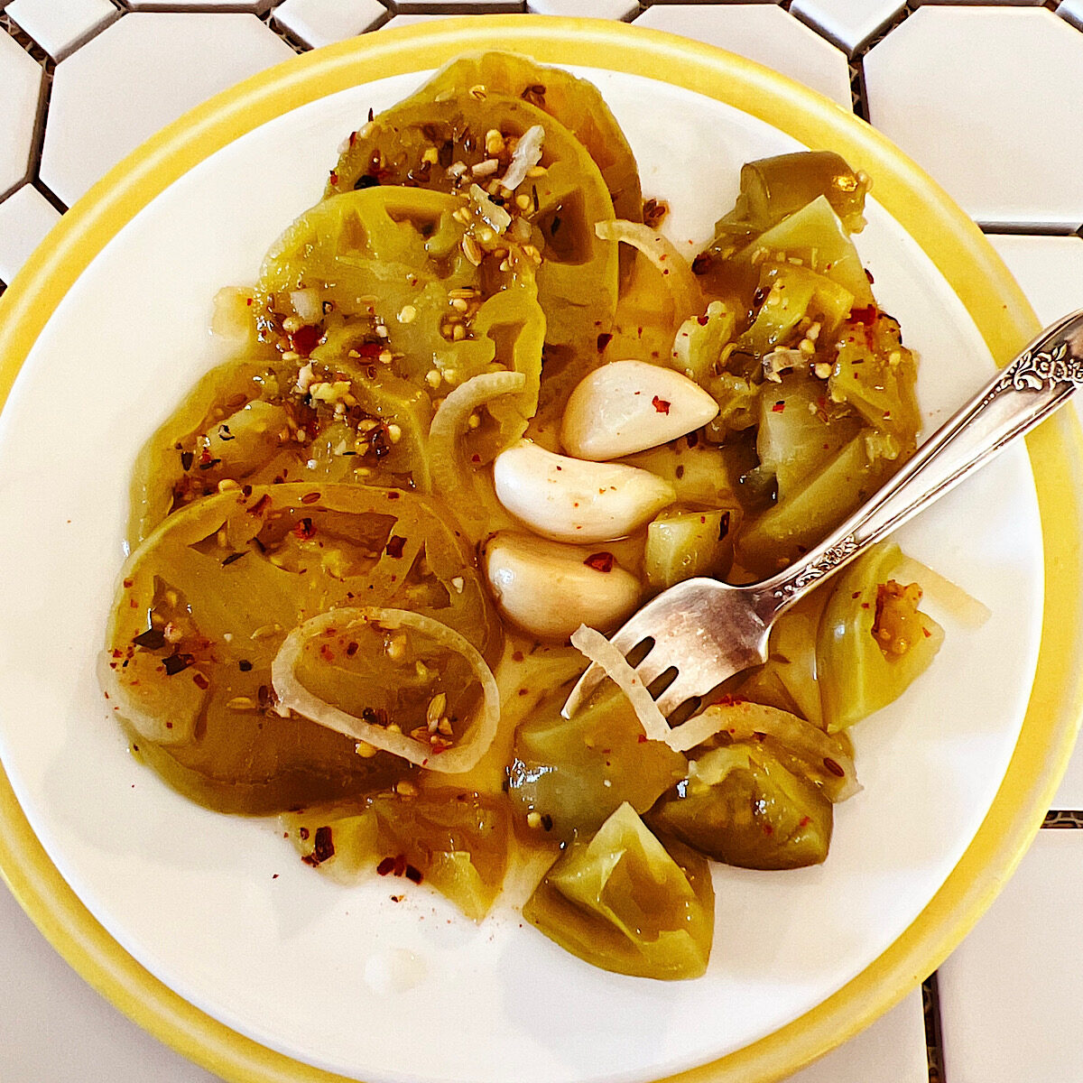 Quick green tomato pickles: sliced and cubed.