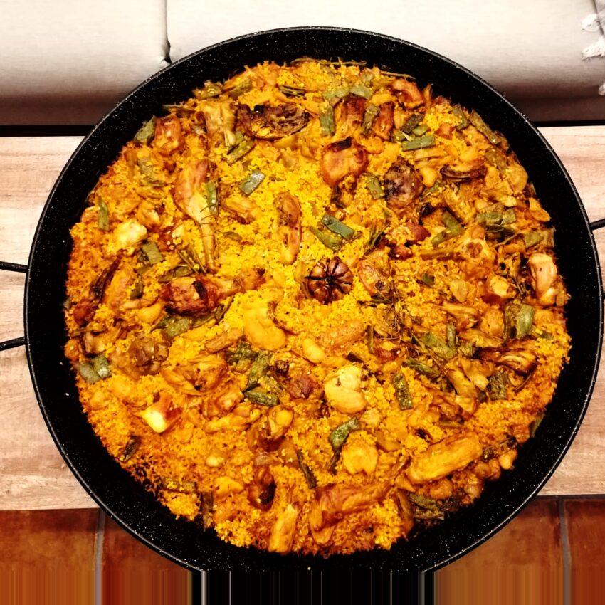 Pan of Spanish seafood paella: Paella Valenciana