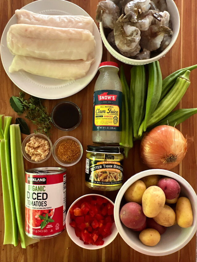 Ingredients for a Creole seafood gumbo.
