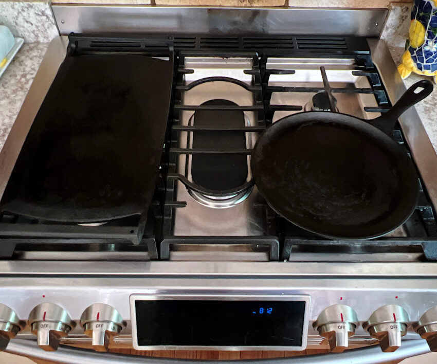 Griddle and comal on a stovetop.