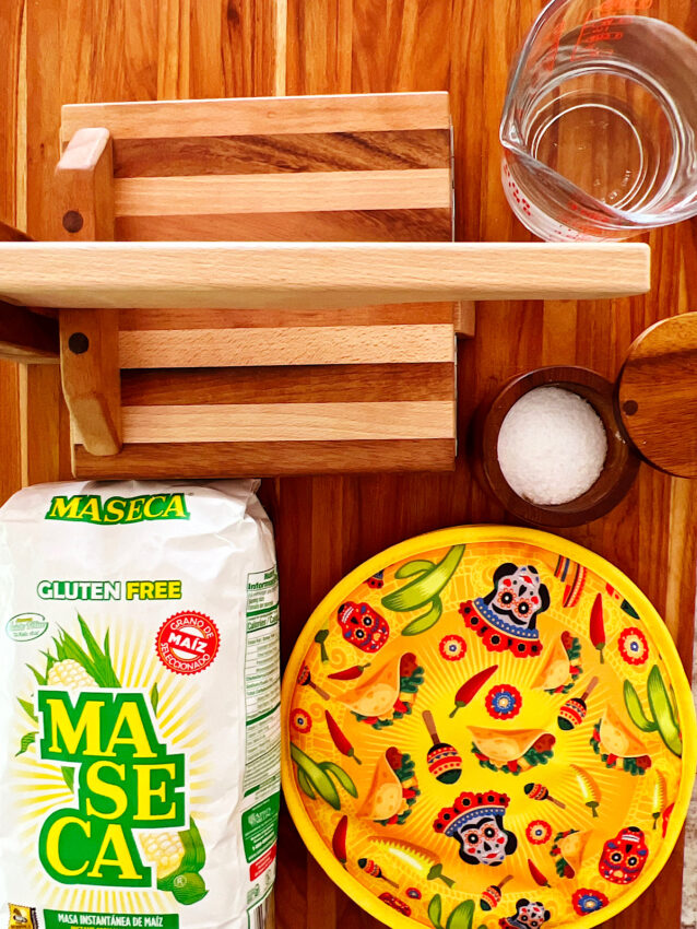 Wood tortilla press, water, salt, tortilla warmer, and masa