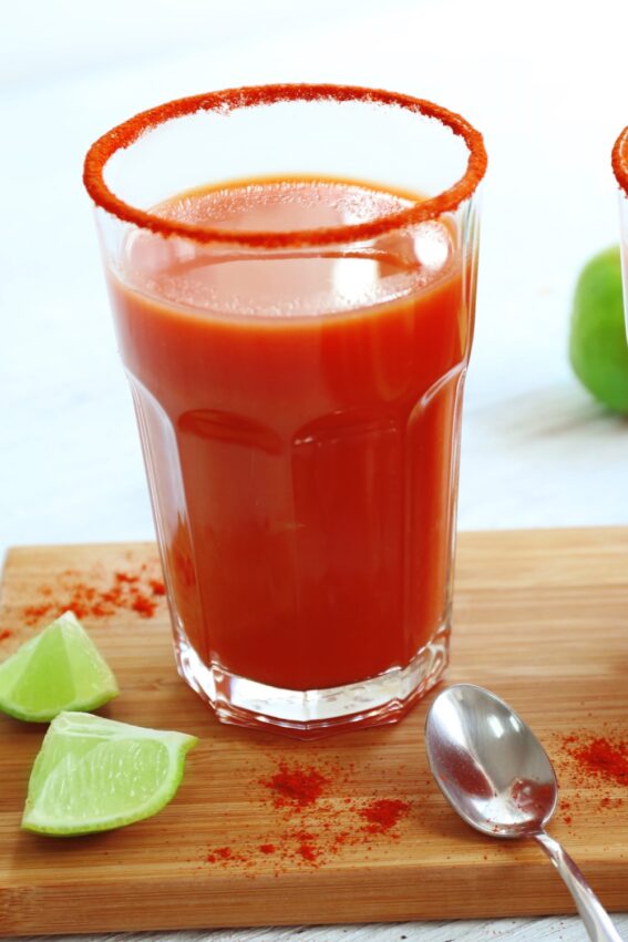 Tall glass of tomato sangrita.