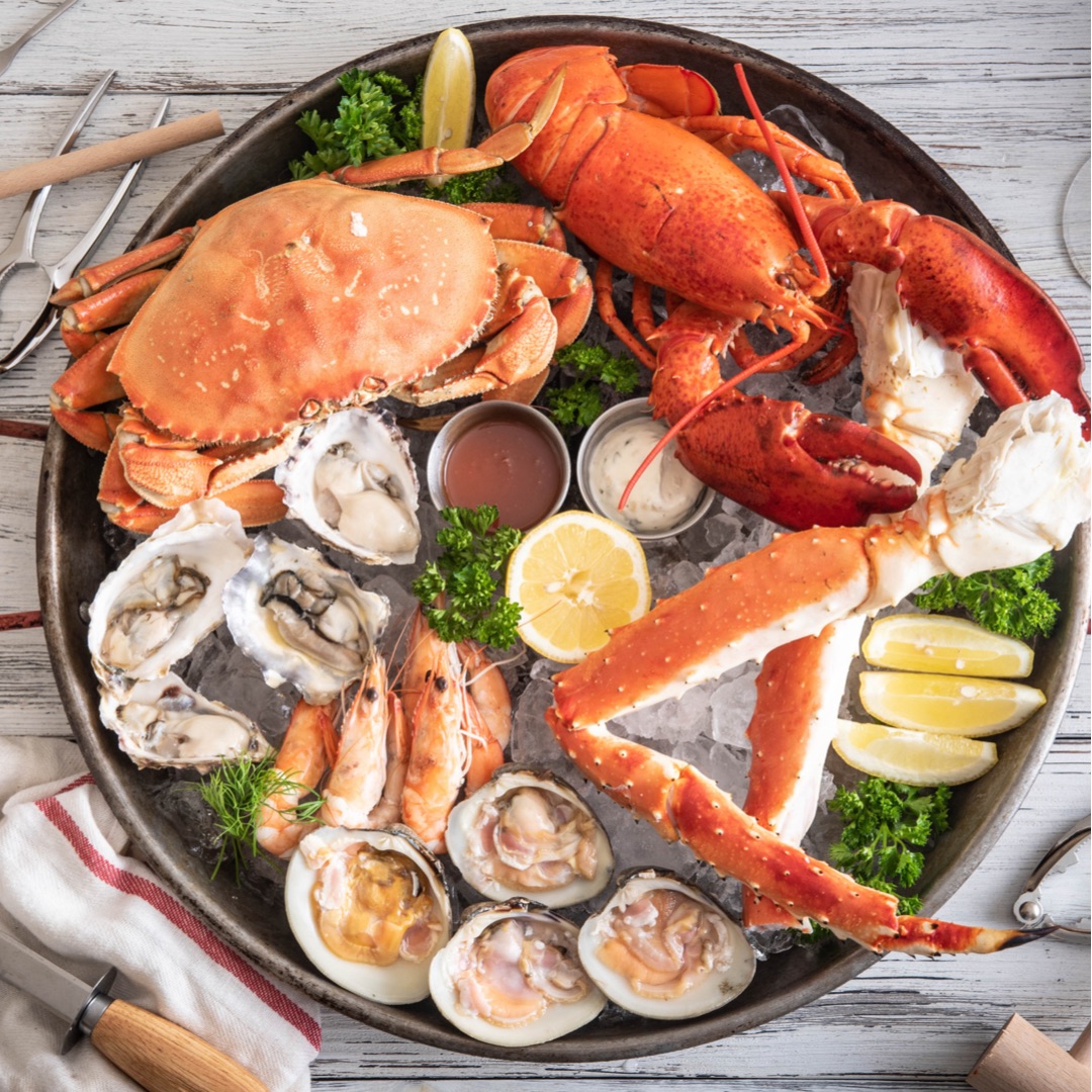 Seafood platter featuring shellfish.