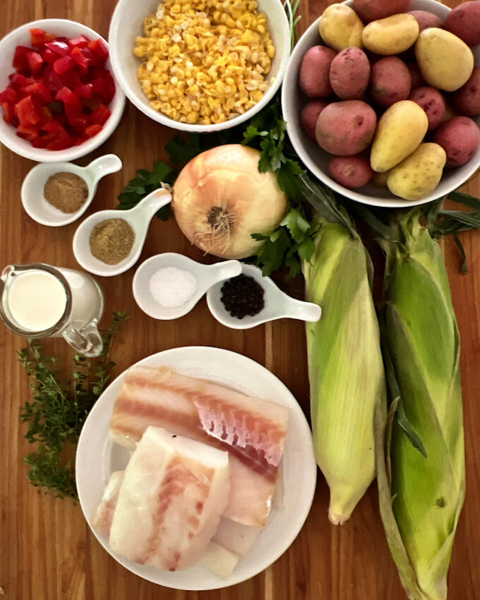 Ingredients for seafood corn chowder.