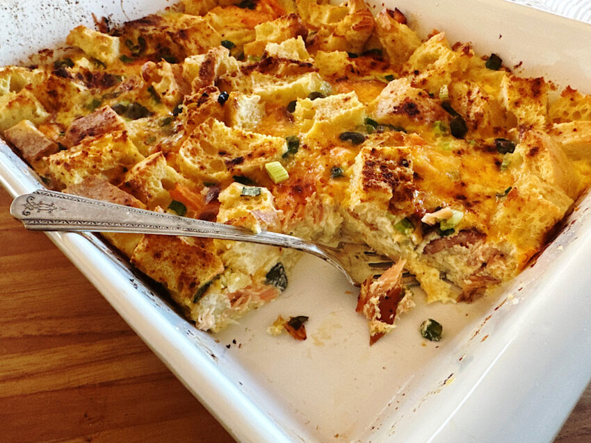 Egg strata in casserole dish for make ahead holiday breakfast