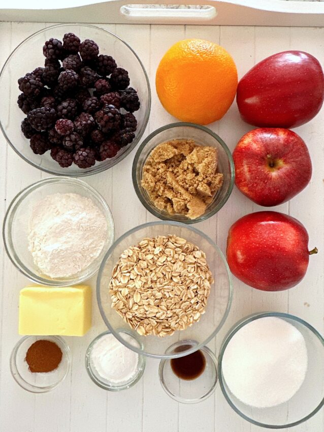 Ingredients for apple blackberry crumble.