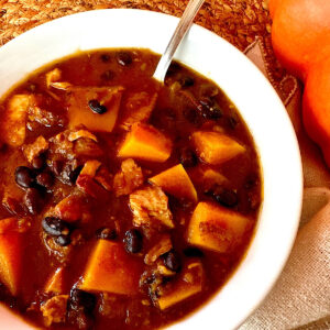 Bowl of turkey, black bean and butternut squash chili.