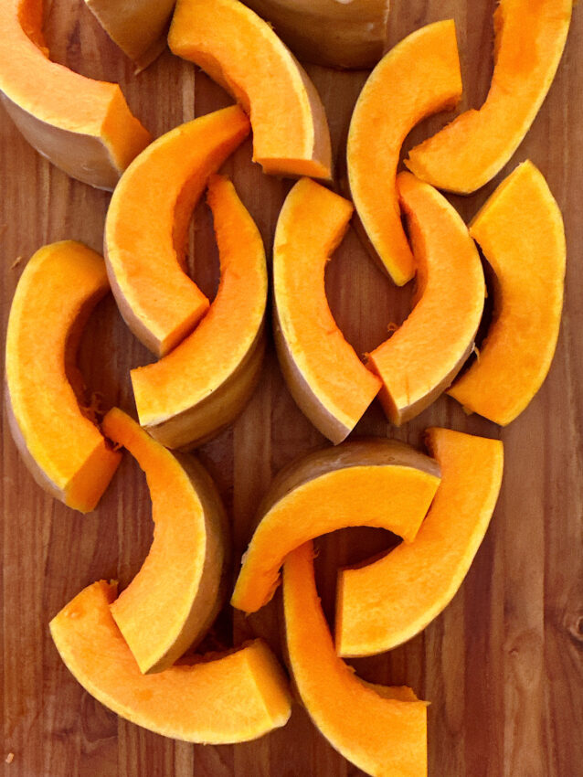 Sliced squash prep for candied pumpkin.