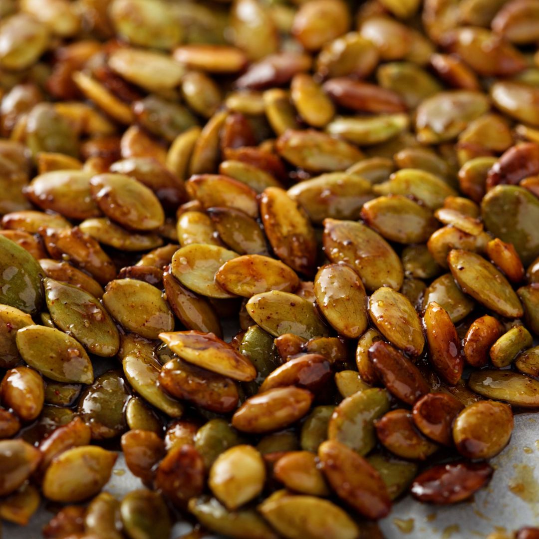 Roasted, spiced pumpkin seeds.