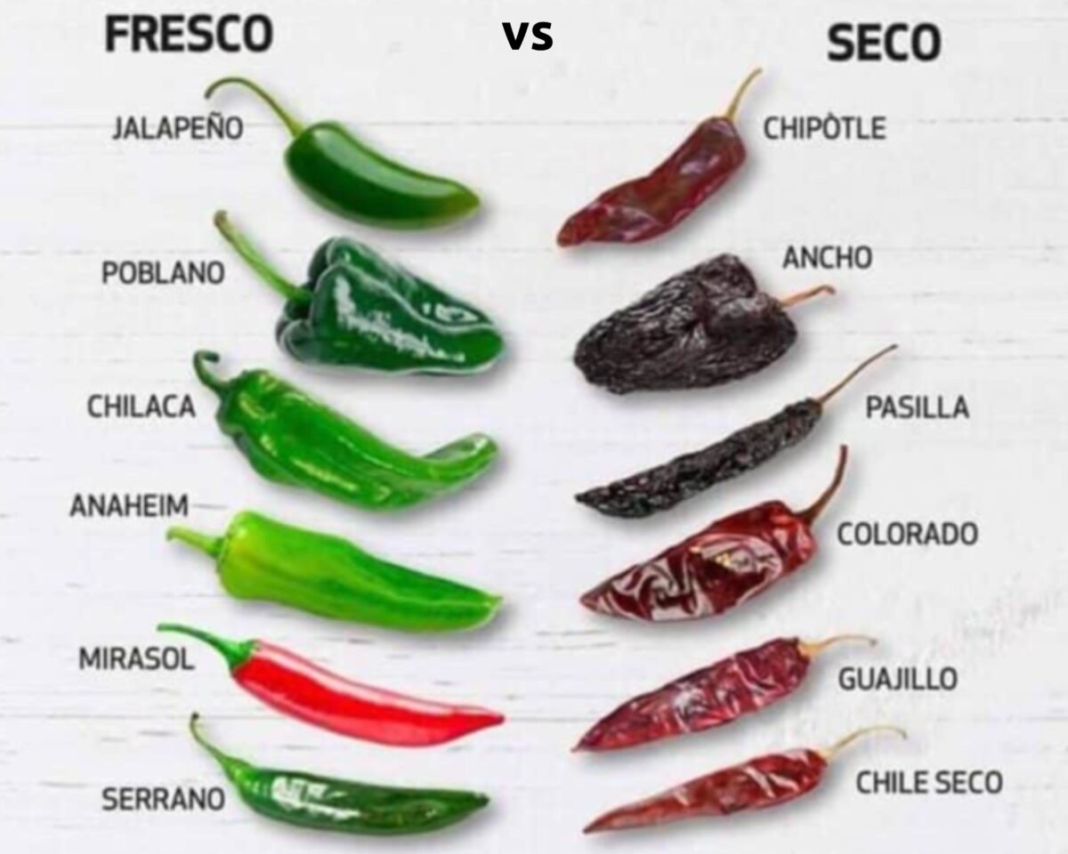 chart showing chile peppers in fresh vs dried form.