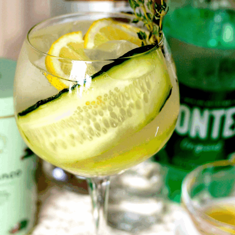 Finished white tea cocktail with slice of cucumber and lemon wedges with sparkling water.