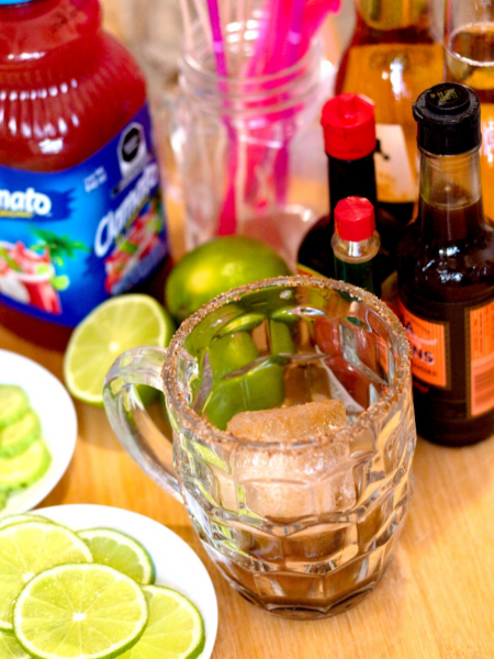 Prep, showing salted rim or beer mug, for a Mexian beer cocktail (Michelada).