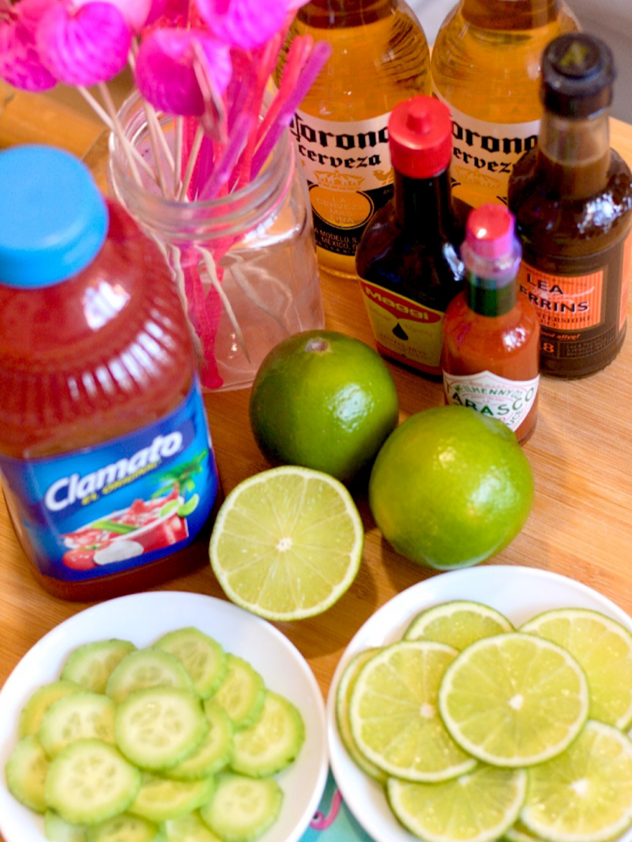 Ingredients for clamato Michelada (a beer cocktail).