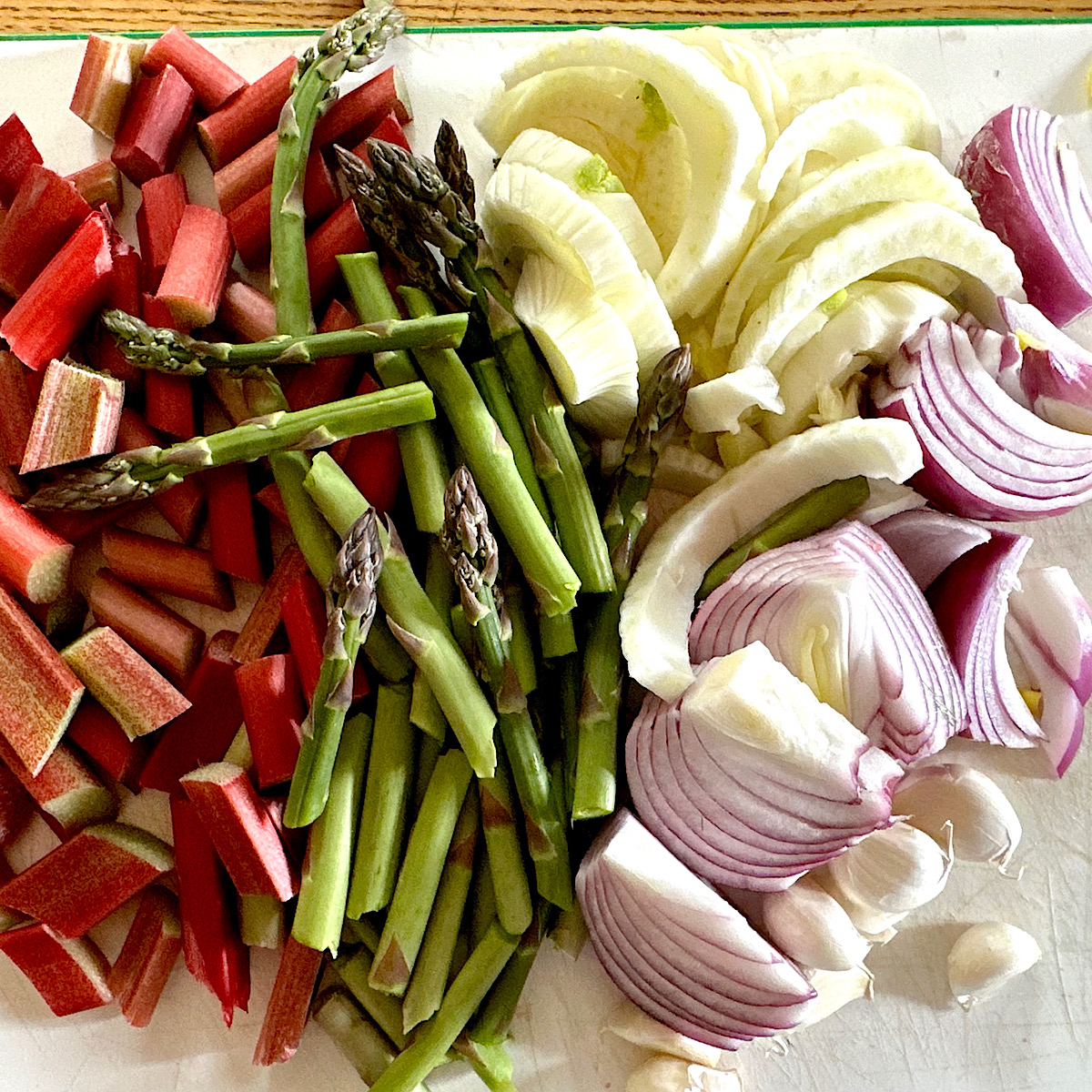 Sliced rhubarb,  asparagus, fennel,onion and  garlic.