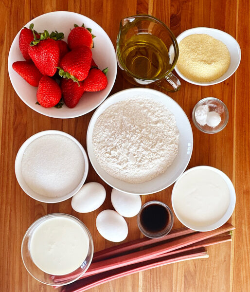 Ingredients for strawberry rhubarb sheet cake.