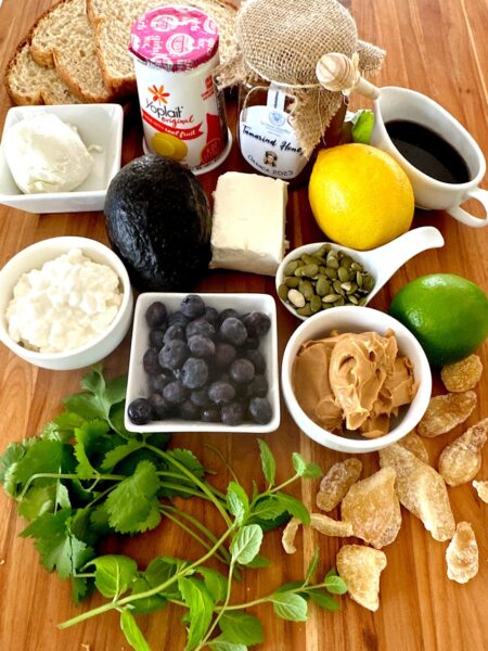 Ingredients for variations of blueberry toast.