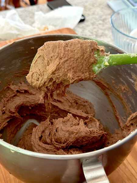 Chocolate cake batter in a mixing bowl with a spatula of batter.