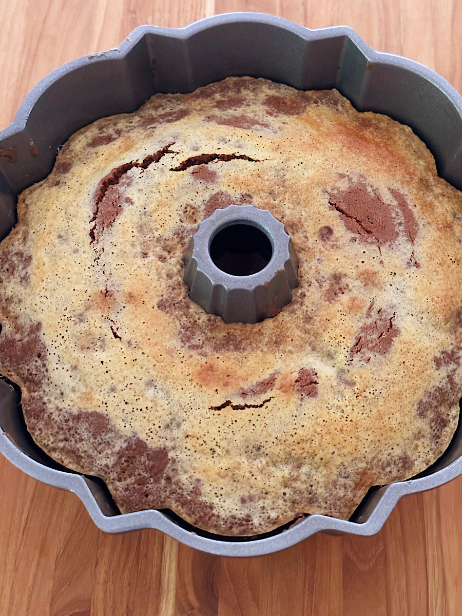 Baked chocoflan before removing from bundt pan