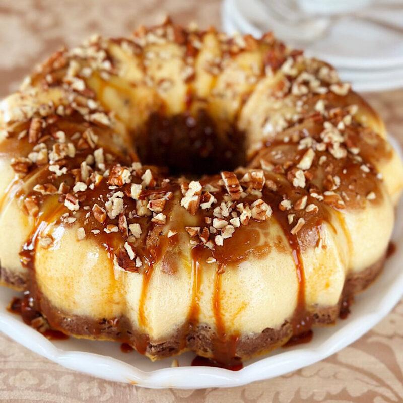 Mexican chocoflan cake topped with nuts