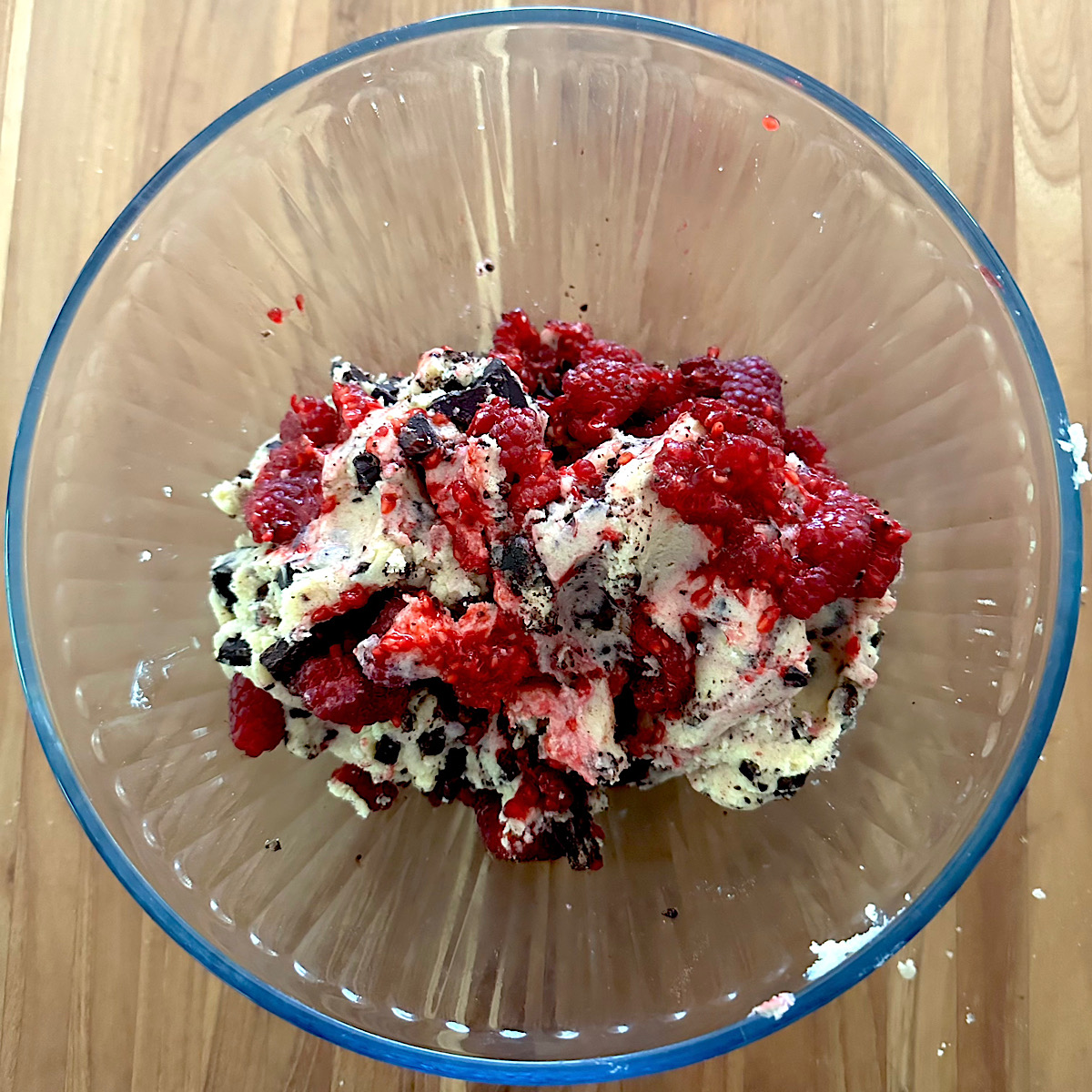 Raspberries and chocolate added to cookie dough