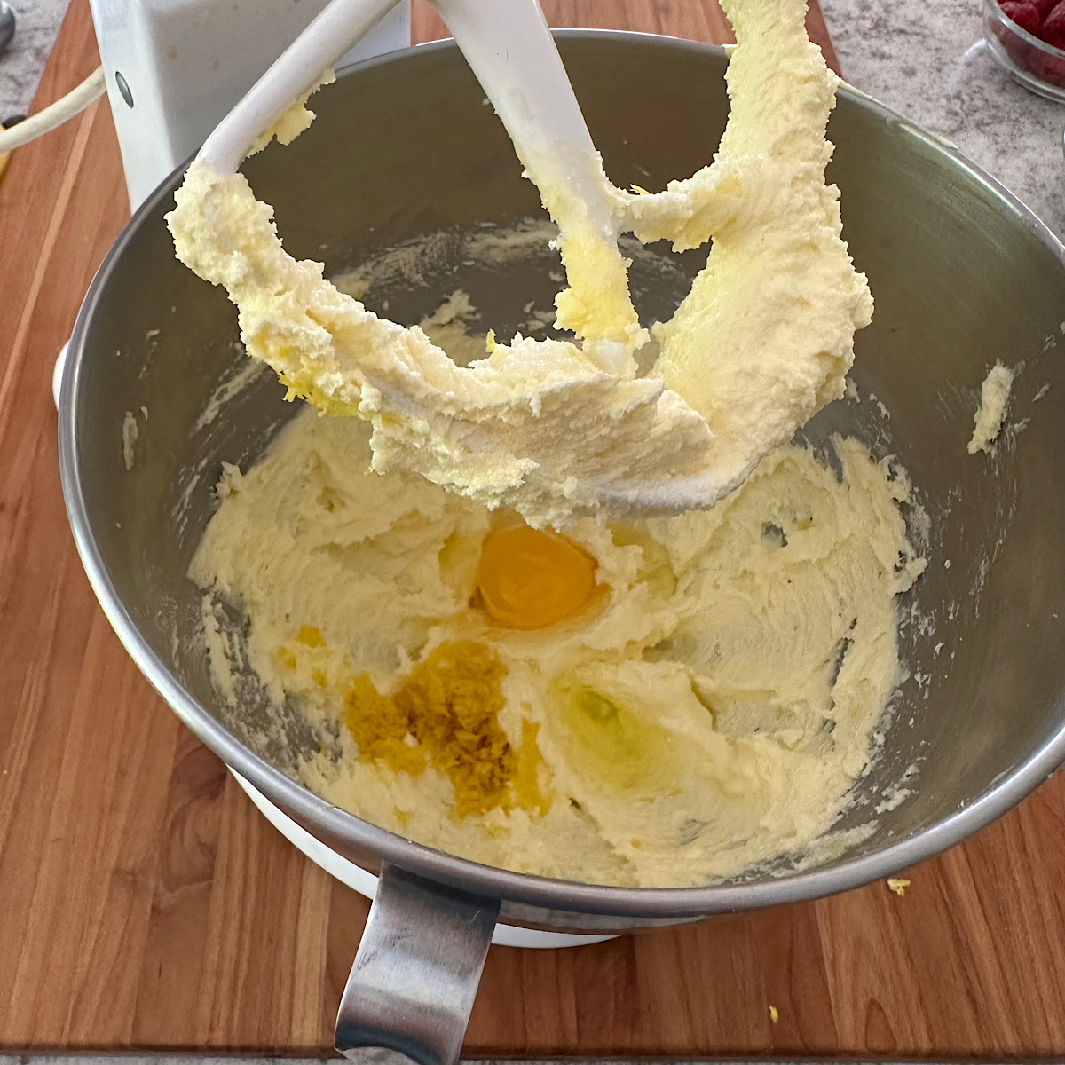 Butter, sugar and egg in a stand mixer.