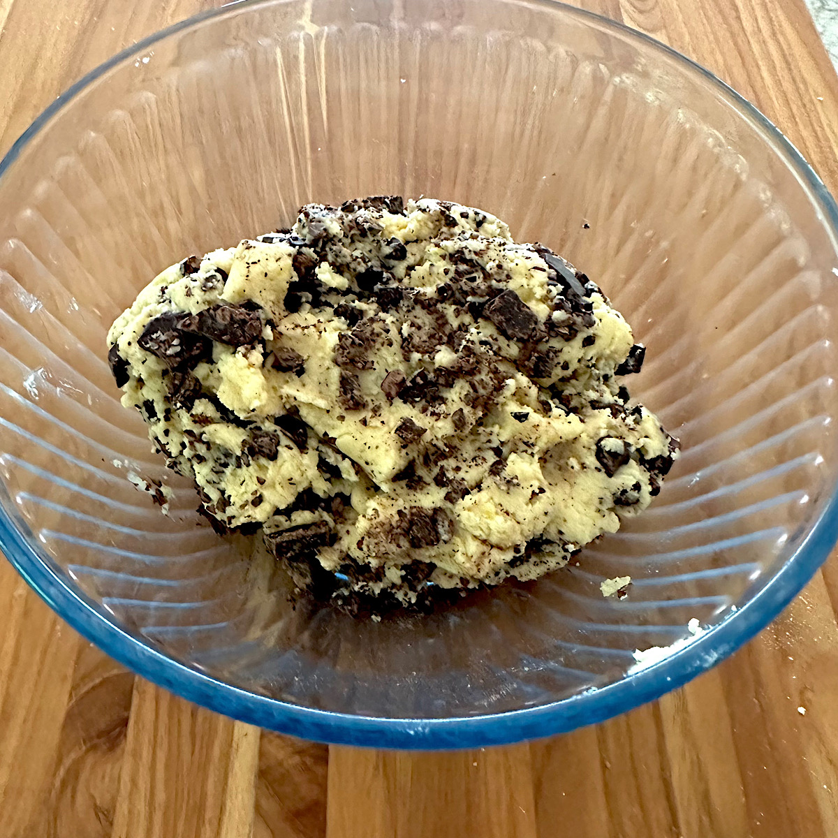 Cookie dough with chocolate bits worked into it.