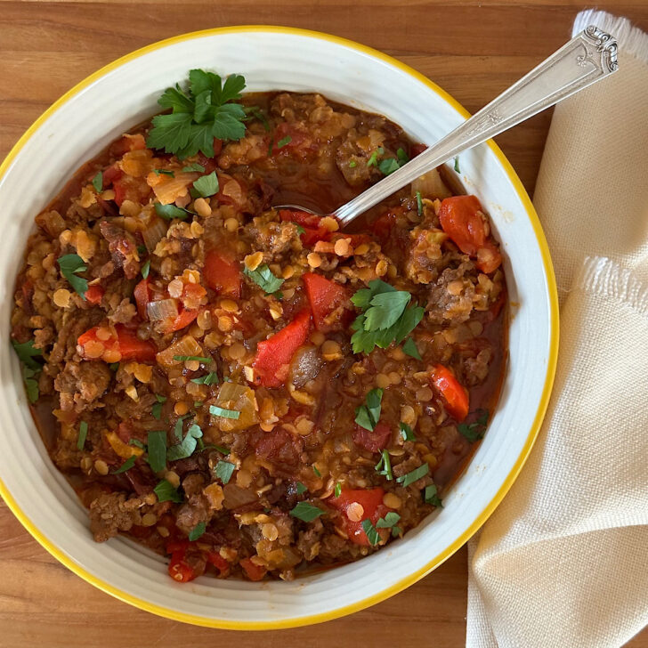 Slow Carb Mexican Lentil and Chorizo Stew: a Mulligan Stew