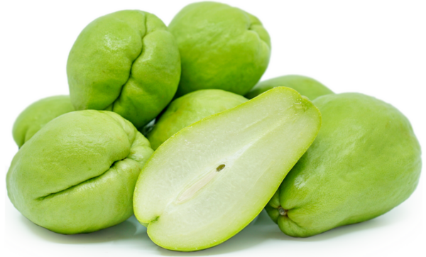 Photo of a few bright green chayote squash with one cut down the middle and showing the seed inside.