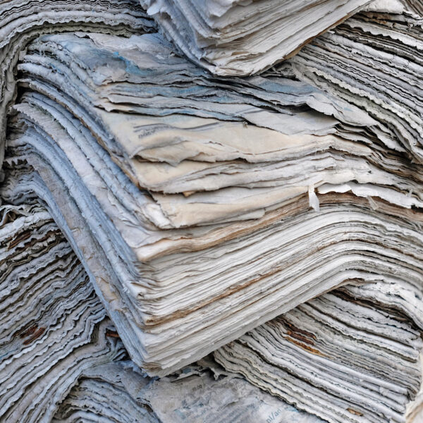 Old wet newspapers to be used for garden mulch.