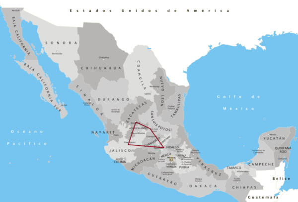 The Bajio region of Mexico outlined in red, located in central Mexico.