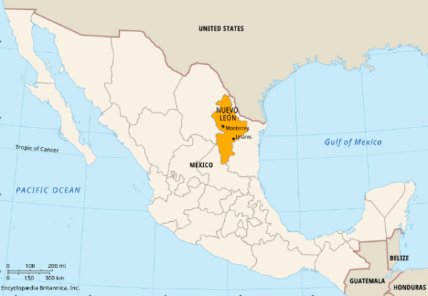 A map of Mexico with the state of Nuevo Leon, in the upper east of Mexico highlighted in orange.