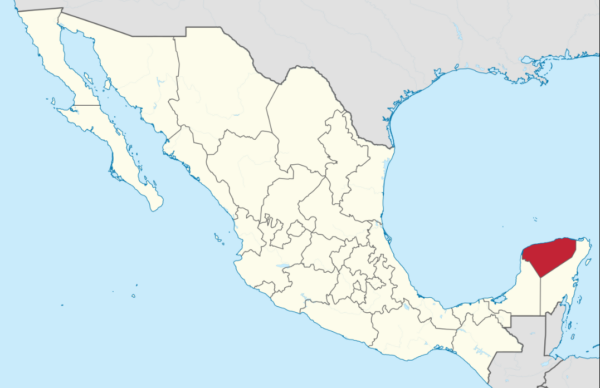 Map of Mexico highlight the Yucatan state in red.